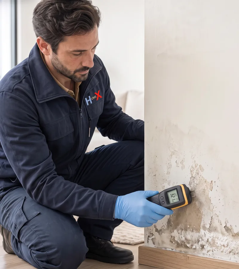 Rising damp and blown plaster at the bottom of a wall in Salford